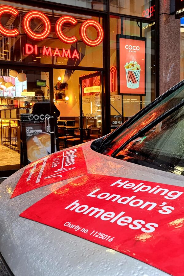 Image of the ROL van parked outside the Coco Di Mama restaurant